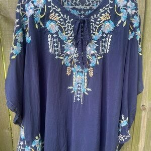 Embroidered Navy Blue Poncho Top